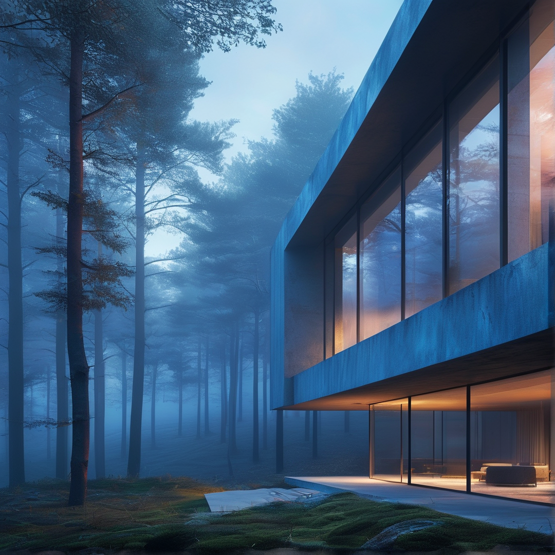Modern Cabin in Misty Forest