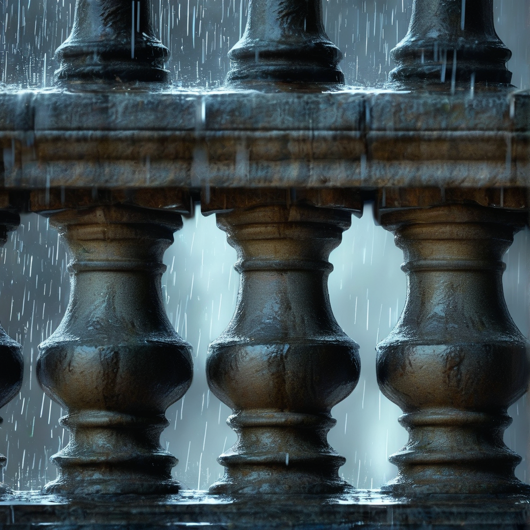 Wet stone railing posts stand against a blurred background while vertical streaks of falling rain create a cool blue atmosphere across the architecture.