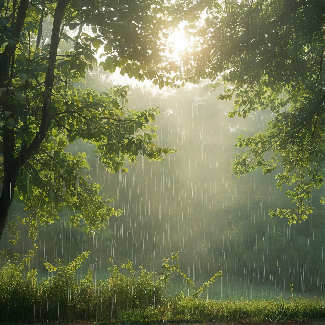 Sunlit Misty Forest Rain