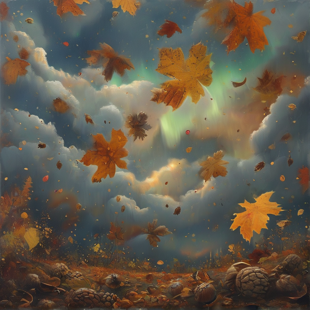 Falling Autumn Leaves in Sky