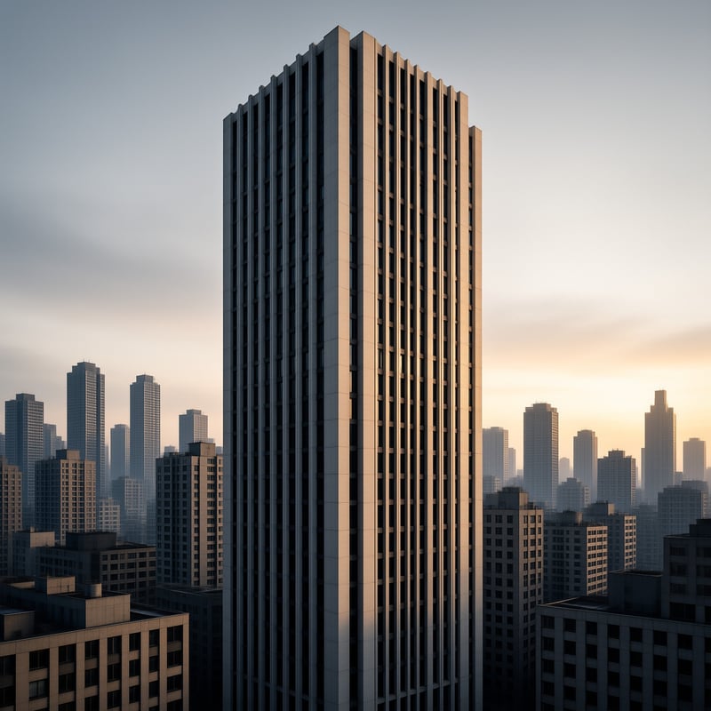 A tall skyscraper stands while warm sunlight illuminates its right side against a backdrop of distant buildings.