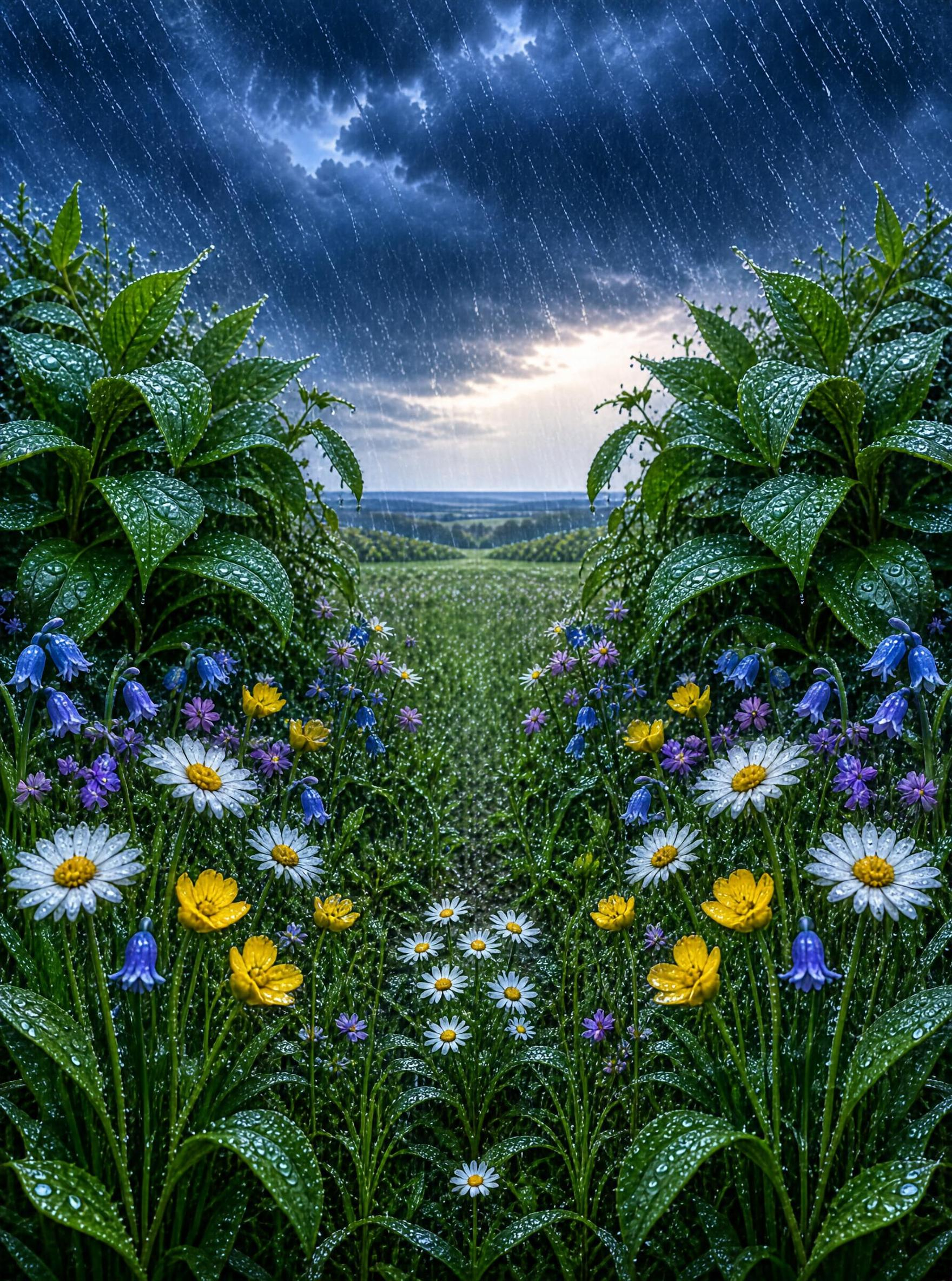 Rainy Meadow with Wildflowers