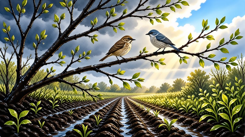 Two small birds sit on a tree branch overlooking a wet field with sunlight breaking through the clouds.