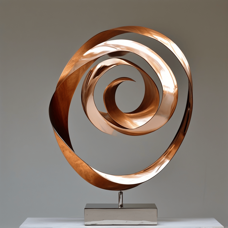 A mirror polished copper helix curls into concentric rings mounted on a metal base against a neutral gray wall.