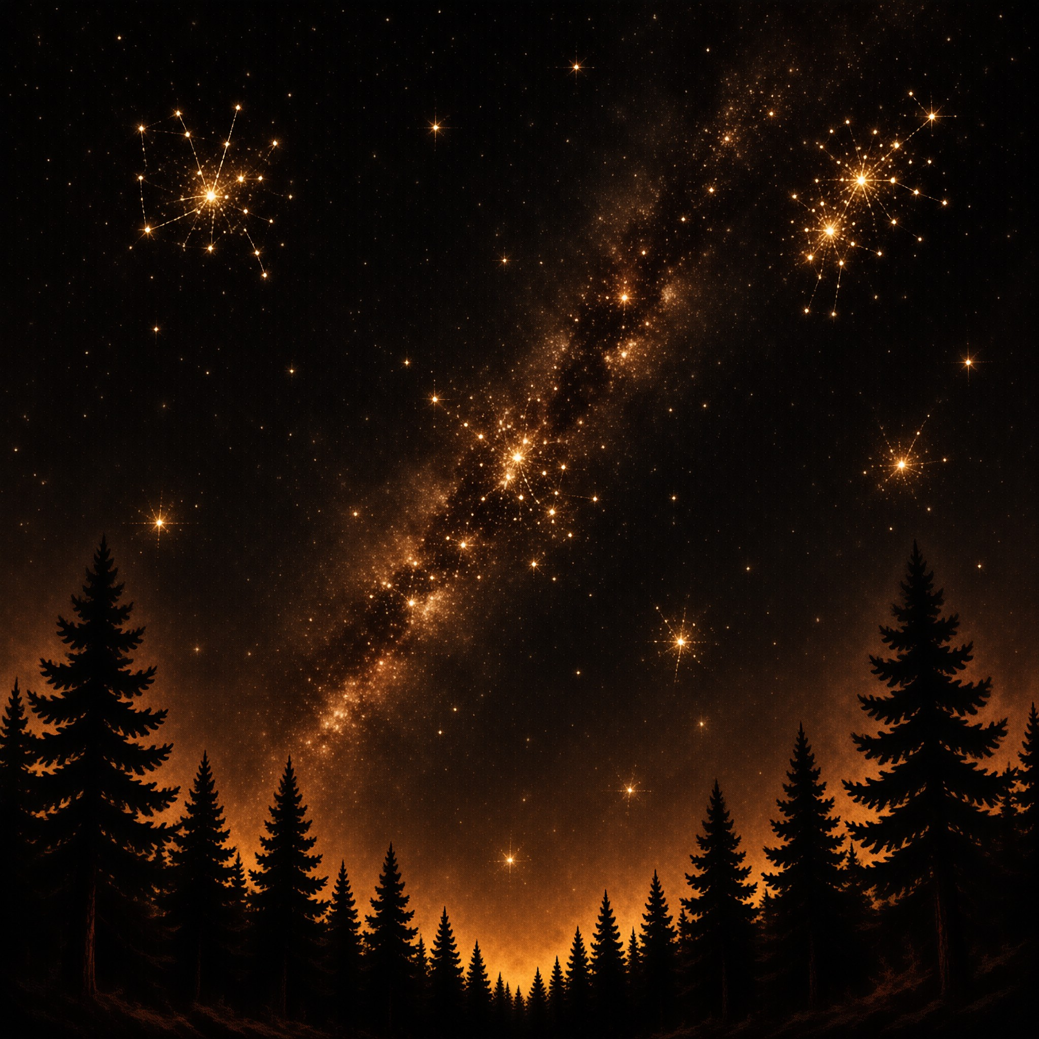 A brilliant amber-hued Milky Way arcs across a starry night sky above the black silhouettes of tall pine trees.