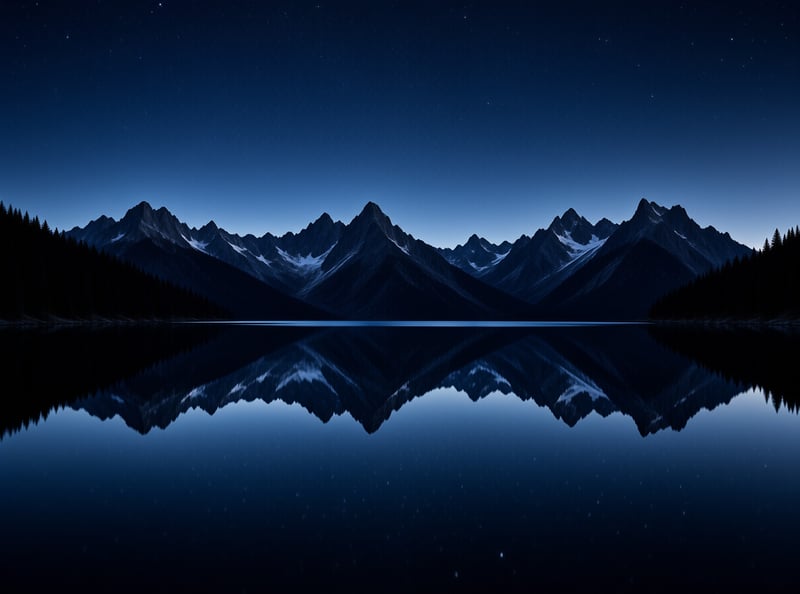 The deep blue night sky and jagged mountain range are perfectly mirrored in the still surface of a dark lake.