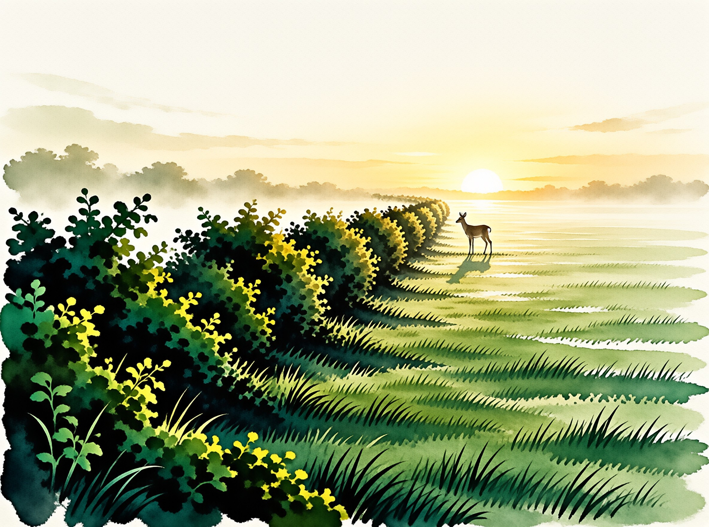 A solitary deer stands in a sunlit wetland field with yellow-flowered shrubs and reflective water under a golden sunrise