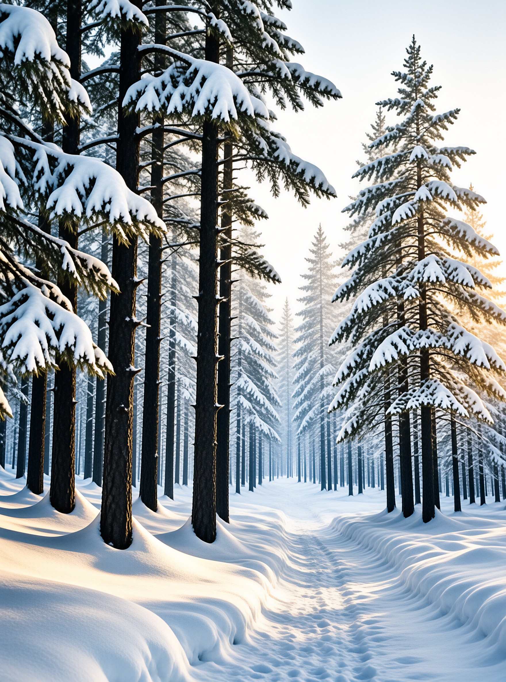 Tall evergreen trees laden with snow form a path illuminated by soft golden sunlight in a winter forest.