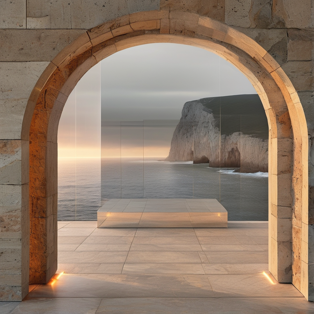 A large stone archway frames a view of the calm ocean and towering sea cliffs.