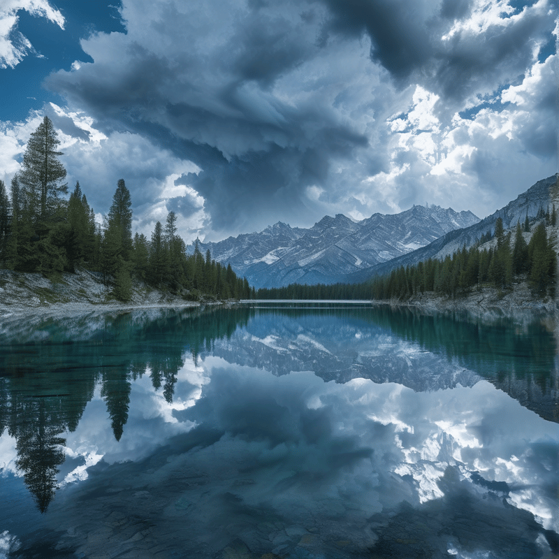 A calm alpine lake reflects the surrounding evergreen forest and rugged mountains beneath a sky full of heavy grey clouds.