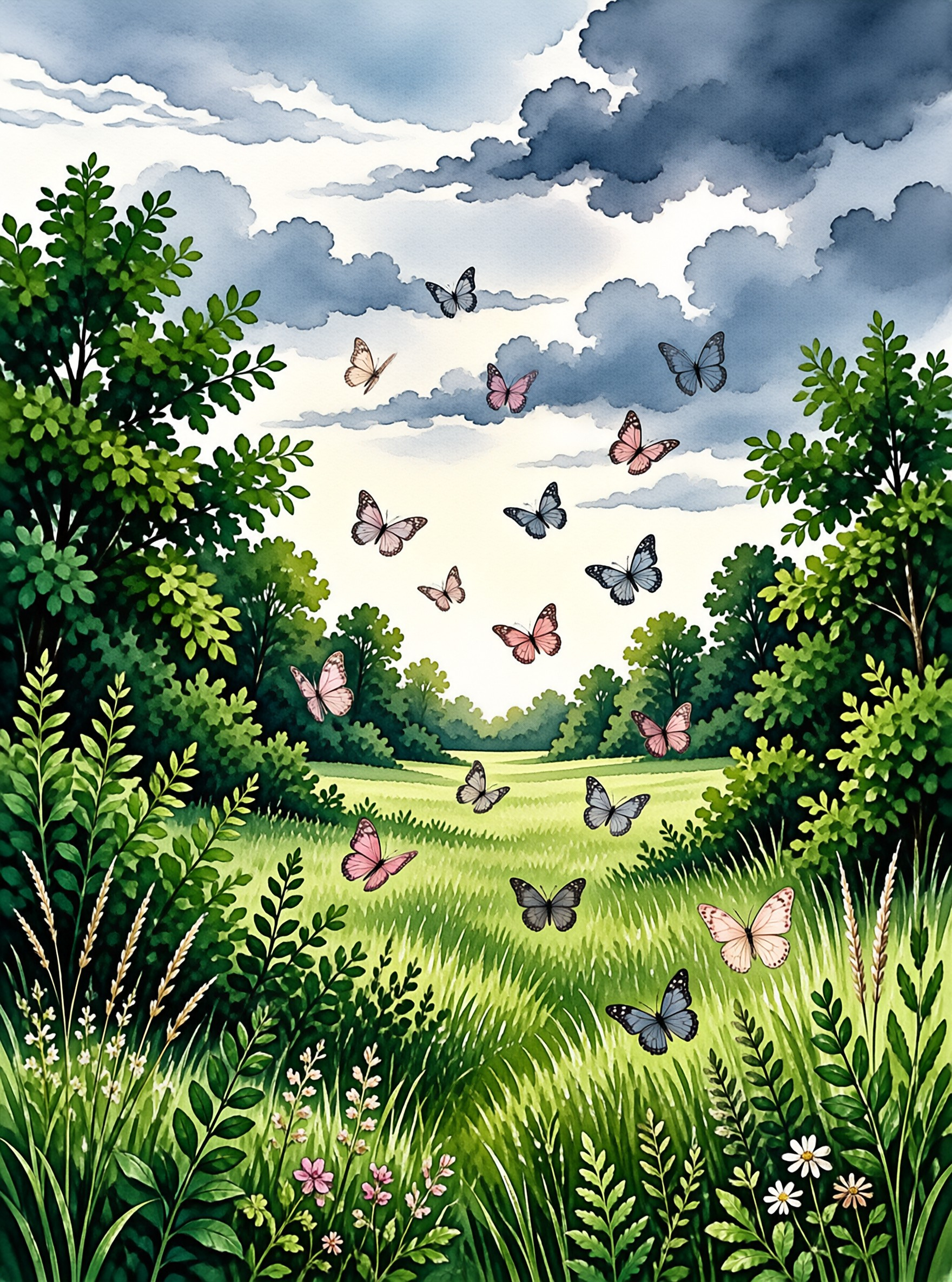 A flock of pink, blue, and black butterflies flies upward from a grassy field towards a cloudy blue sky framed by green trees.