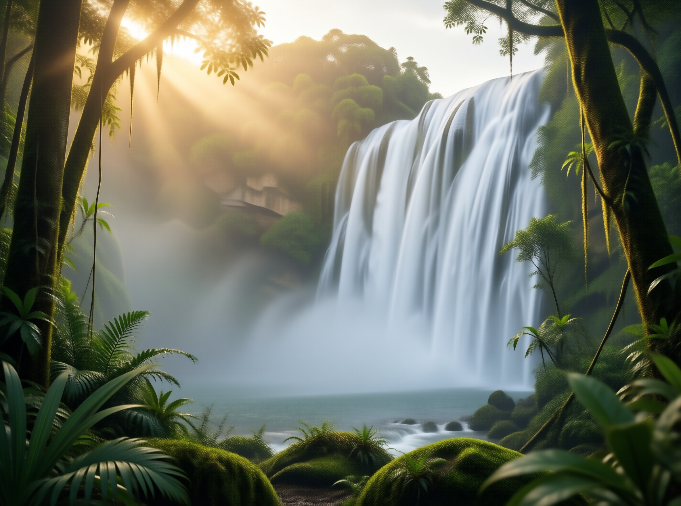 Sunlit Rainforest Waterfall