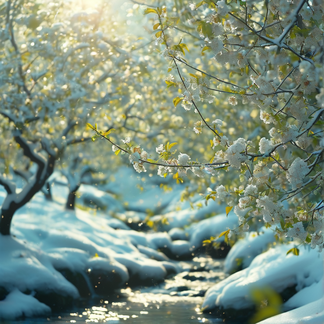 Snowy Bloom by Stream