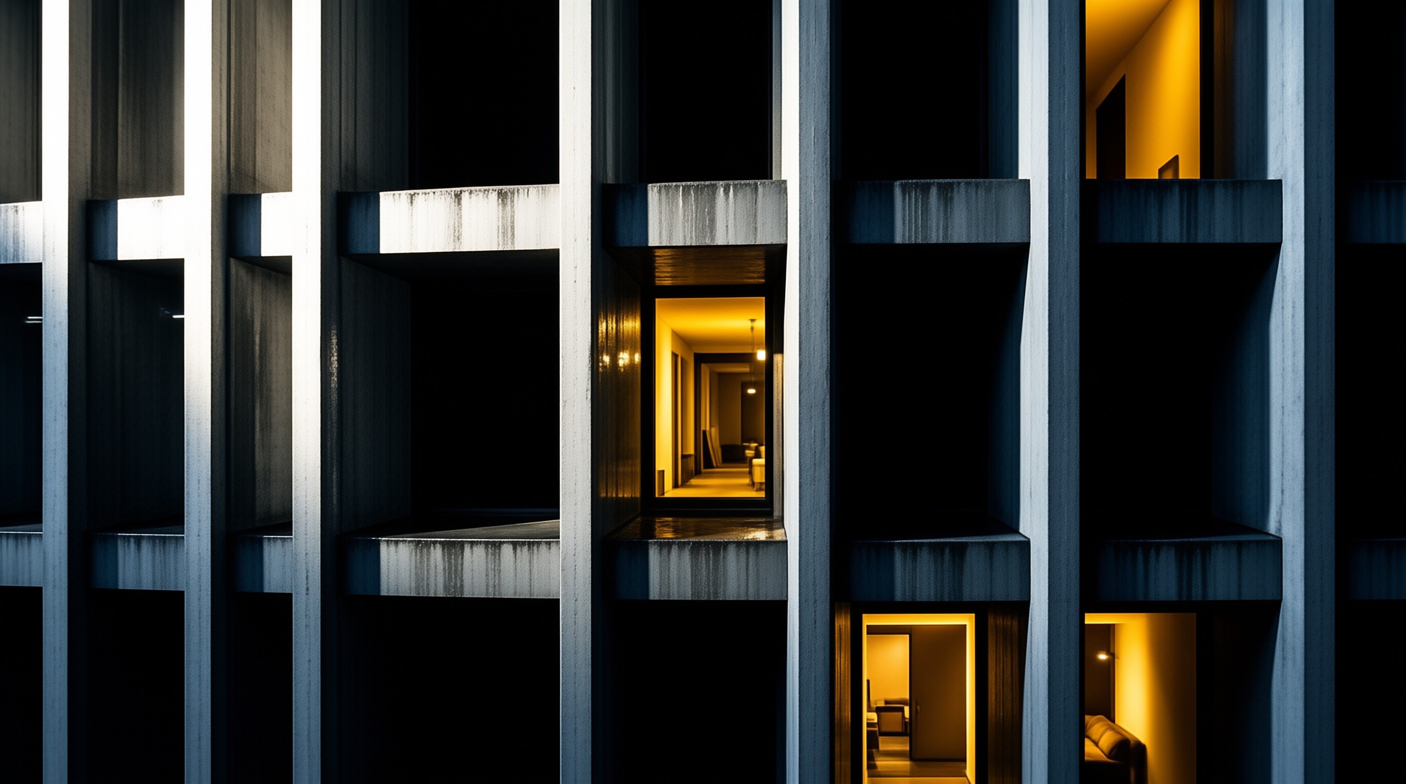 Dark grey architectural columns surround openings revealing bright yellow hallways and furniture.