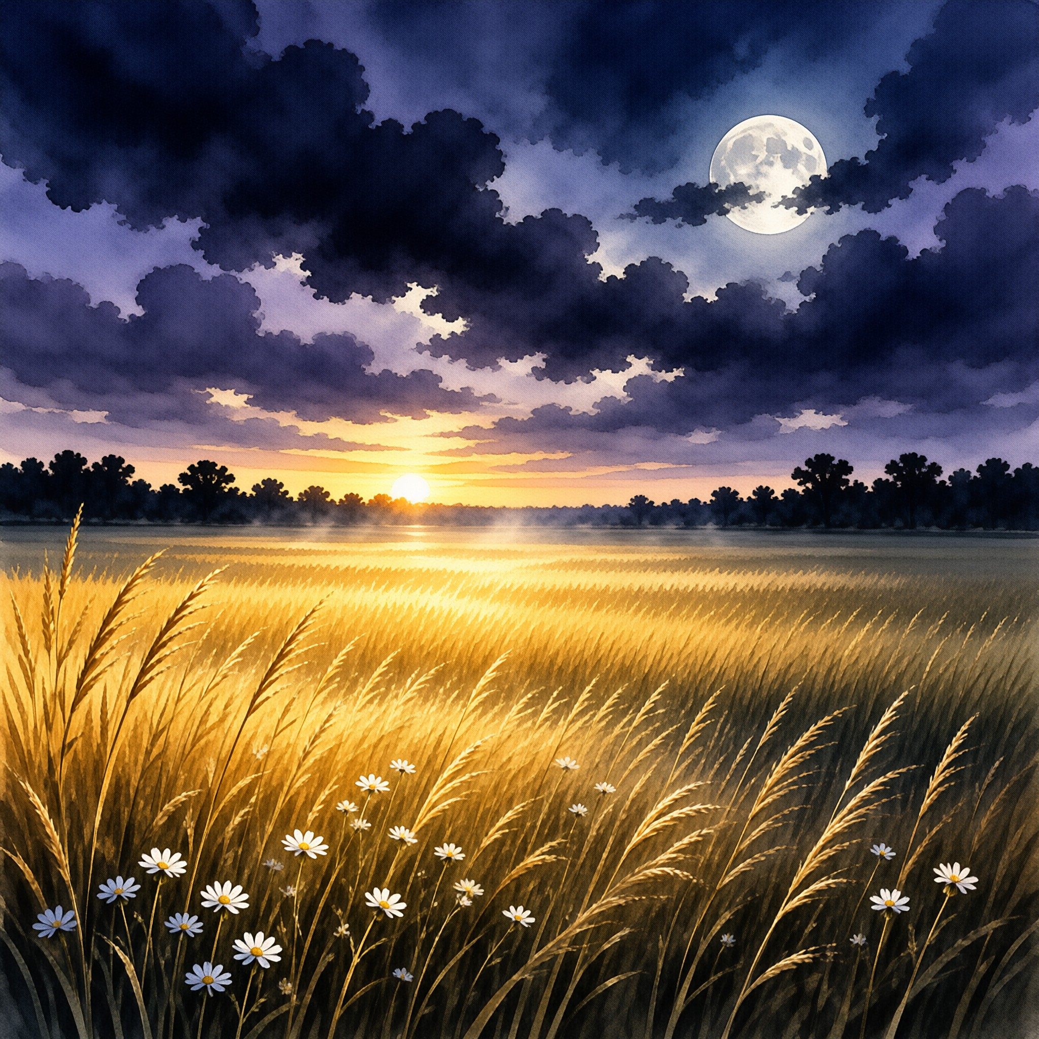 A vast stretch of ripening grain catches the last warm light while a luminous moon hangs above the clouded sky.