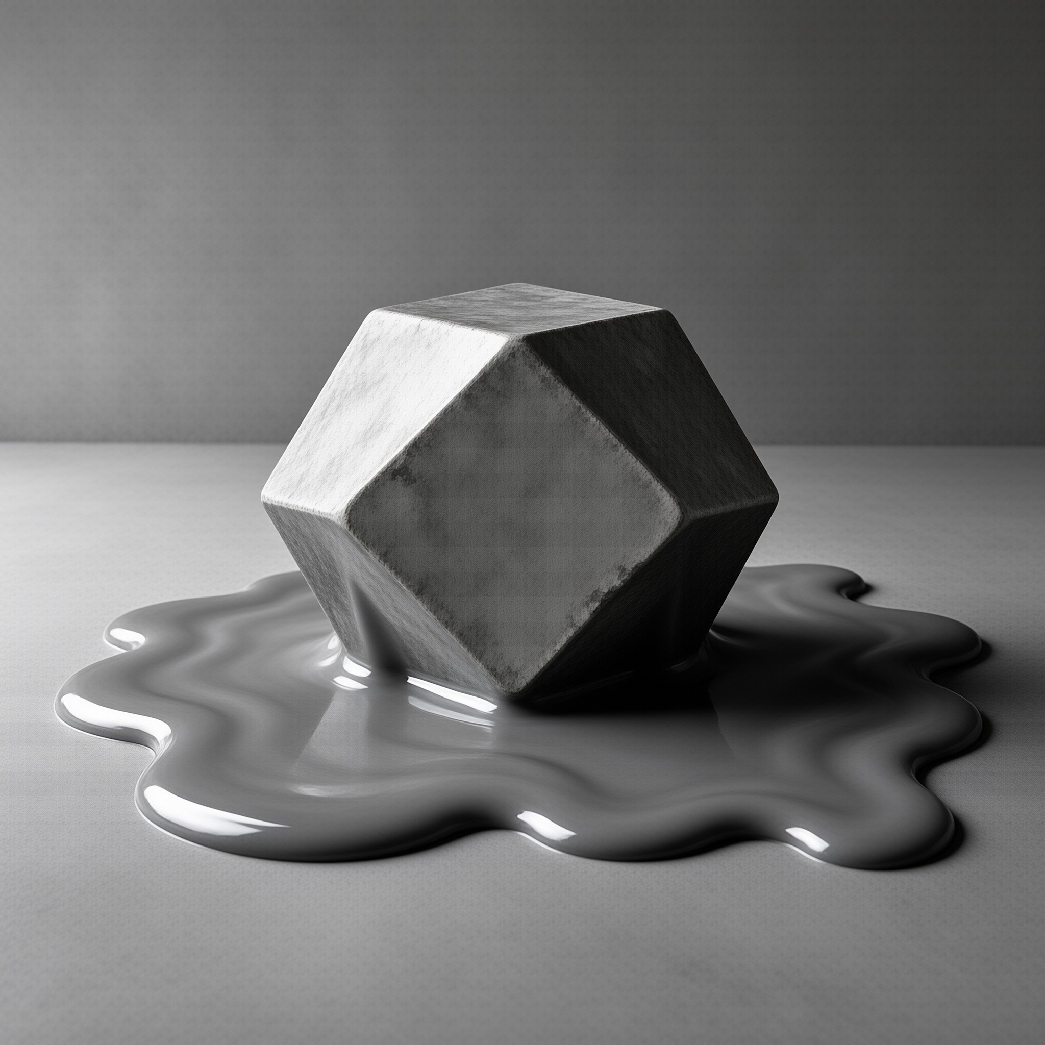 A faceted grey concrete solid sits half sunk in a glossy pool of liquid mercury on a neutral ground