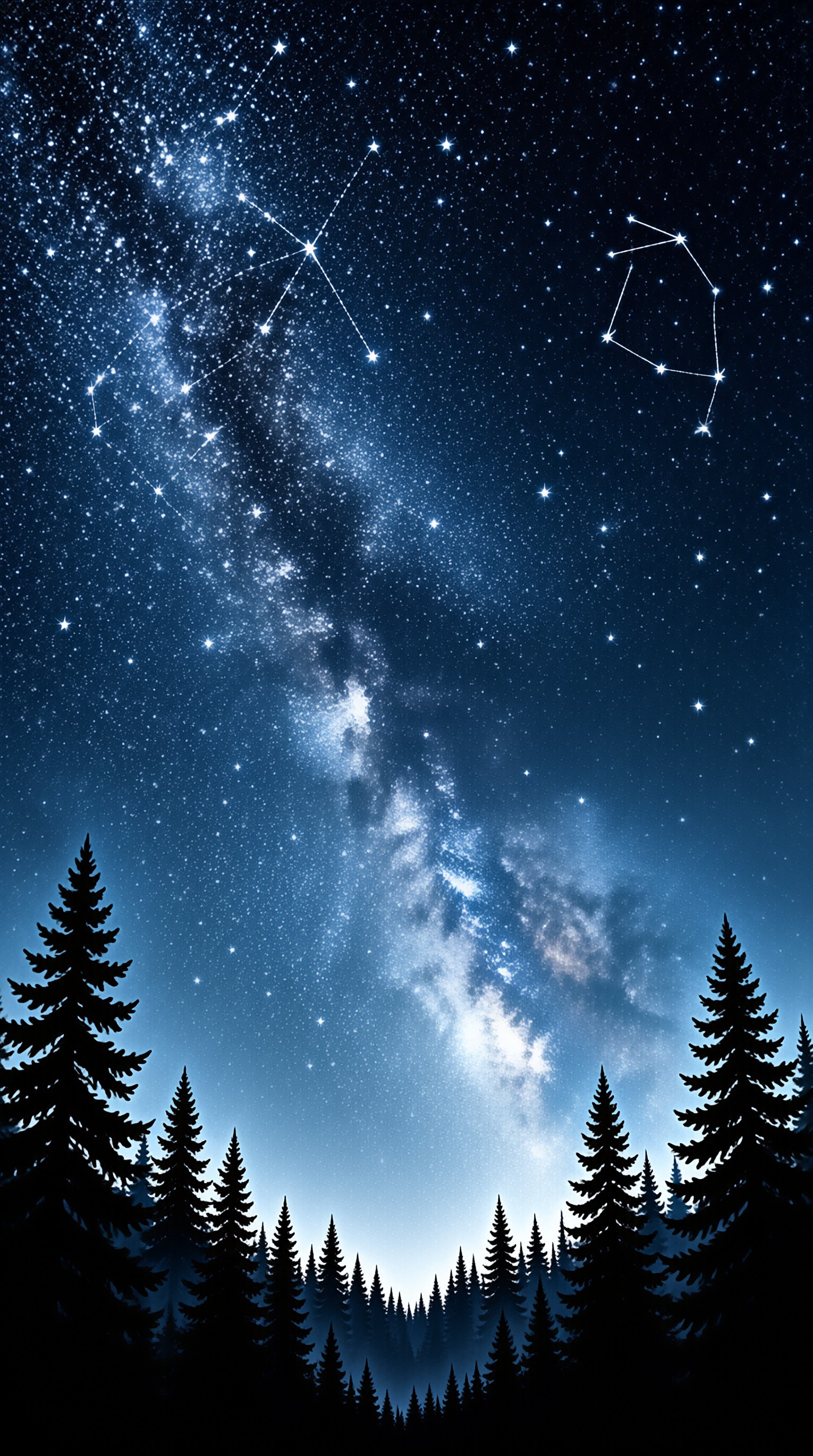 A star-filled night sky shows the Milky Way and constellation lines over dark pine treetops.