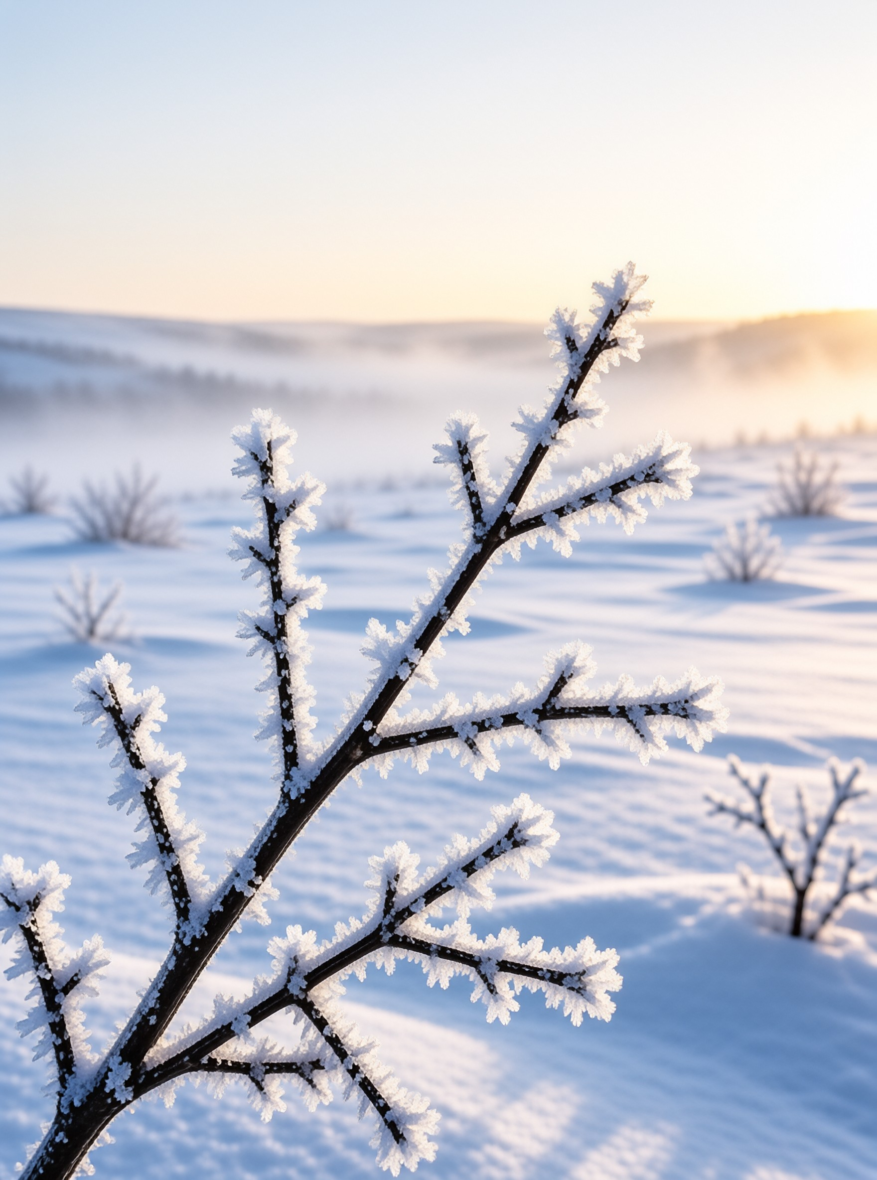 A dark branch coated in white rime ice stands against a snowy landscape bathed in warm golden light.