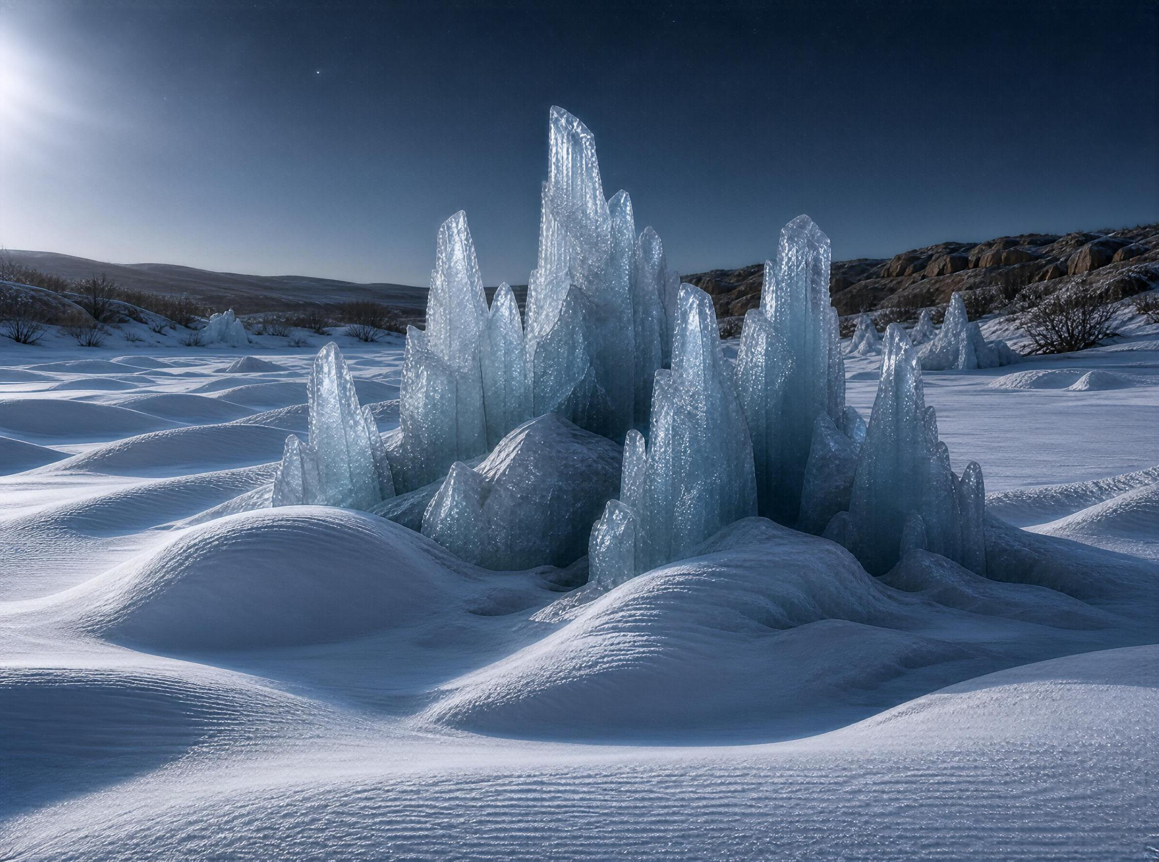 Ice Formations in Snowy Landscape