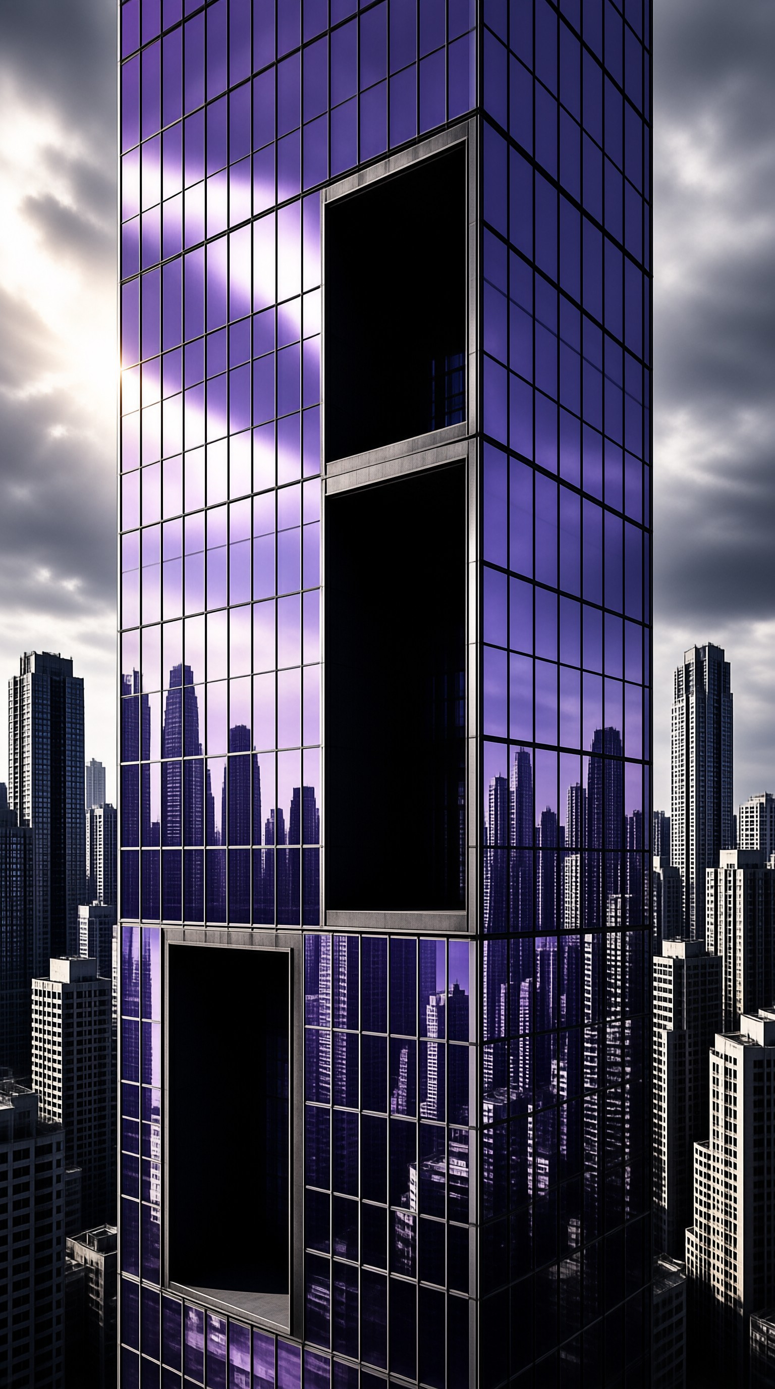 Tall glass skyscraper with reflective facade mirroring purple sunset sky and distant urban skyline with dark recesses.