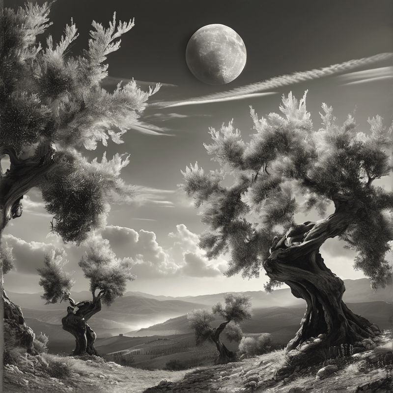 Gnarled trees surround a bright full moon in a grayscale scene of rolling hills and scattered clouds under a dark sky.