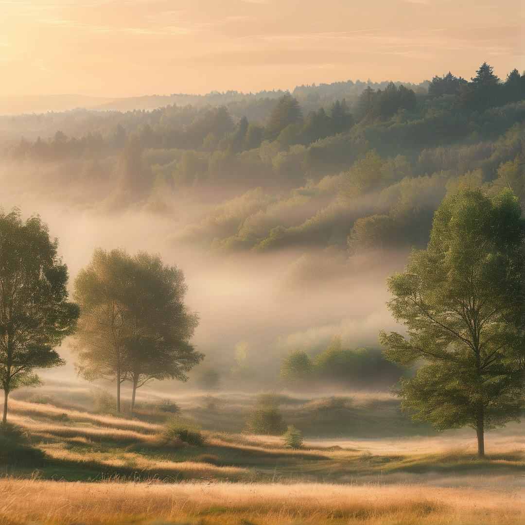 Misty Dawn Over Hilly Meadow