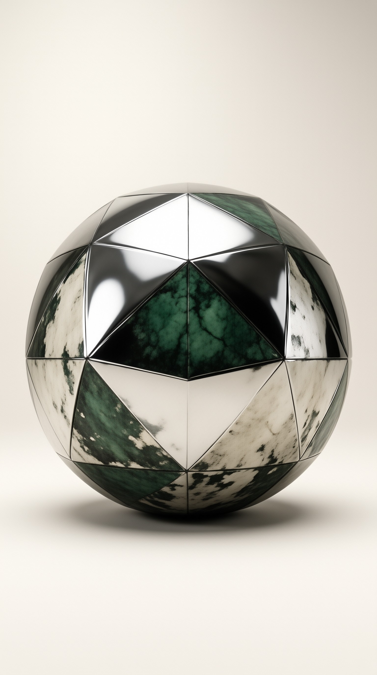 A low polygon sphere with green marble and metallic facets sits centered on a plain light background with soft lighting.