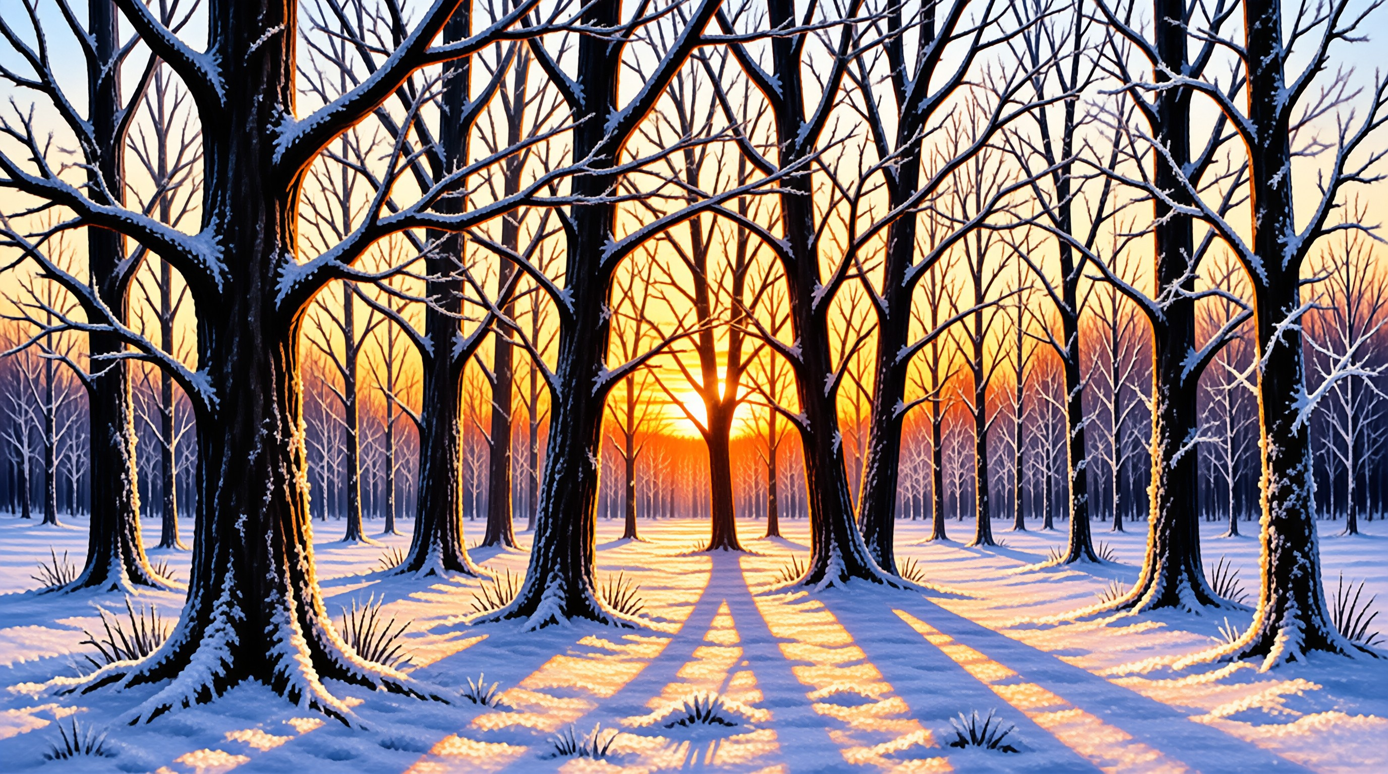 Rows of leafless trees stand over fresh snow as a low amber sun stretches long shadows through the grove.