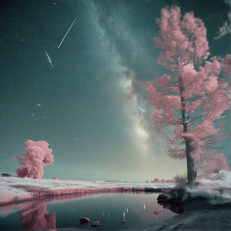 A vast night sky filled with countless lights hovers over a rugged alpine landscape.
