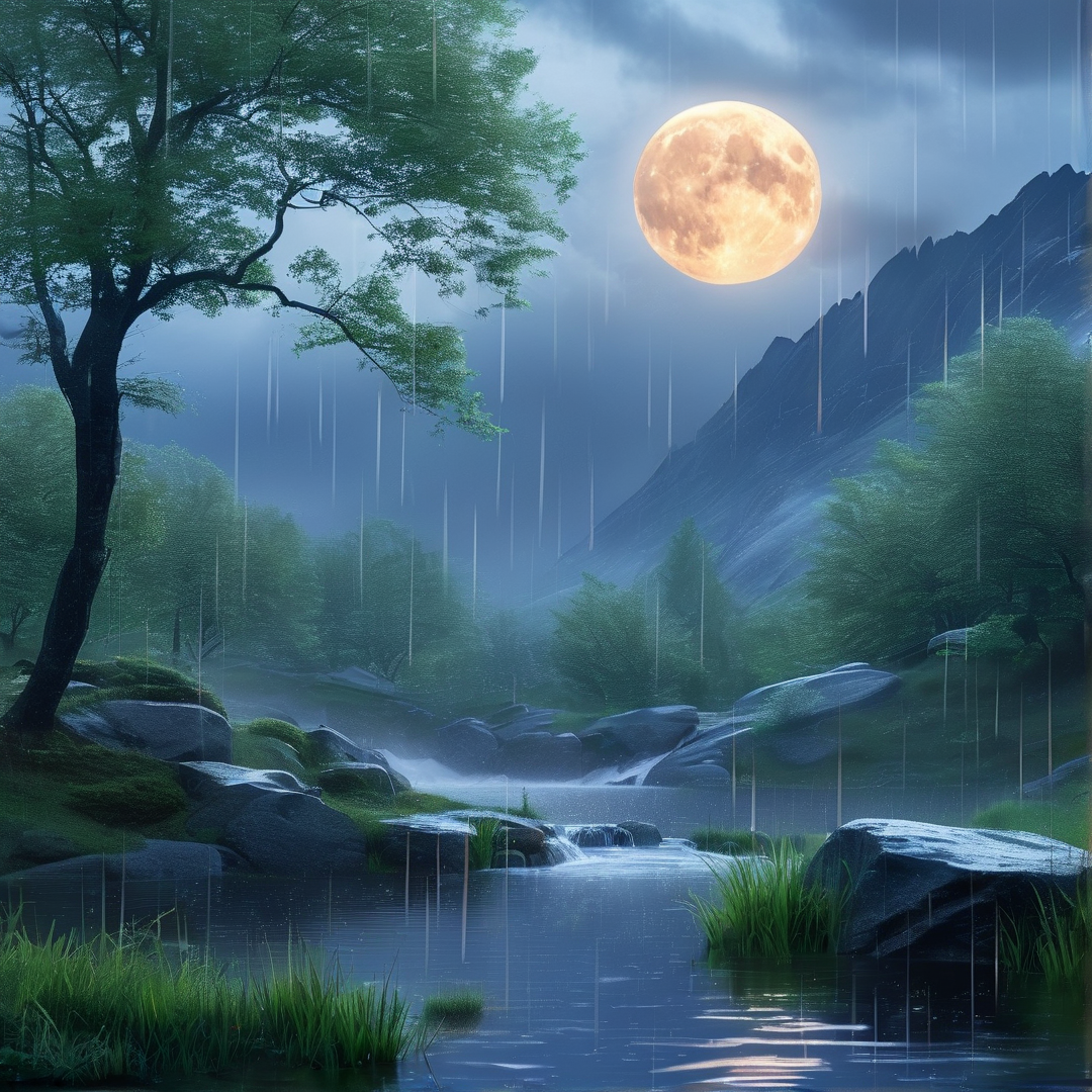 Moonlit Rainy Forest Stream