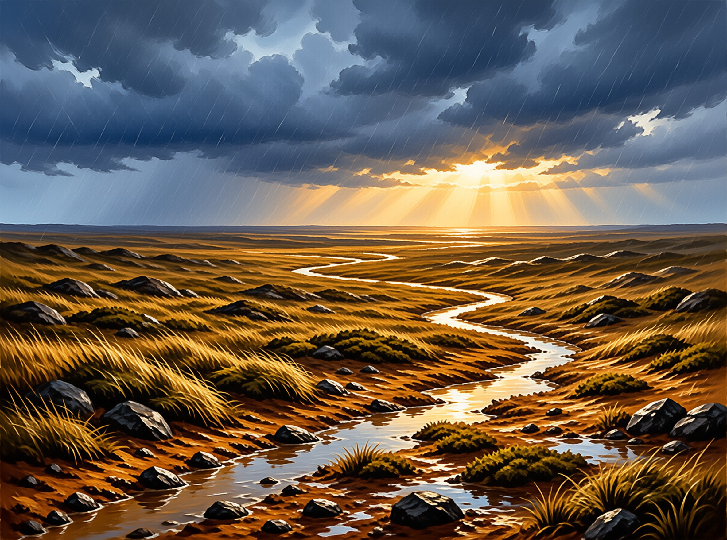 A narrow stream meanders across a rocky and grassy terrain while bright sunlight breaks through dark storm clouds on the horizon.