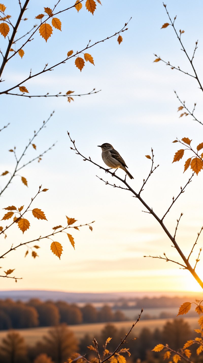 A small gray bird sits on a twig surrounded by orange foliage while the sun sets over a distant valley.