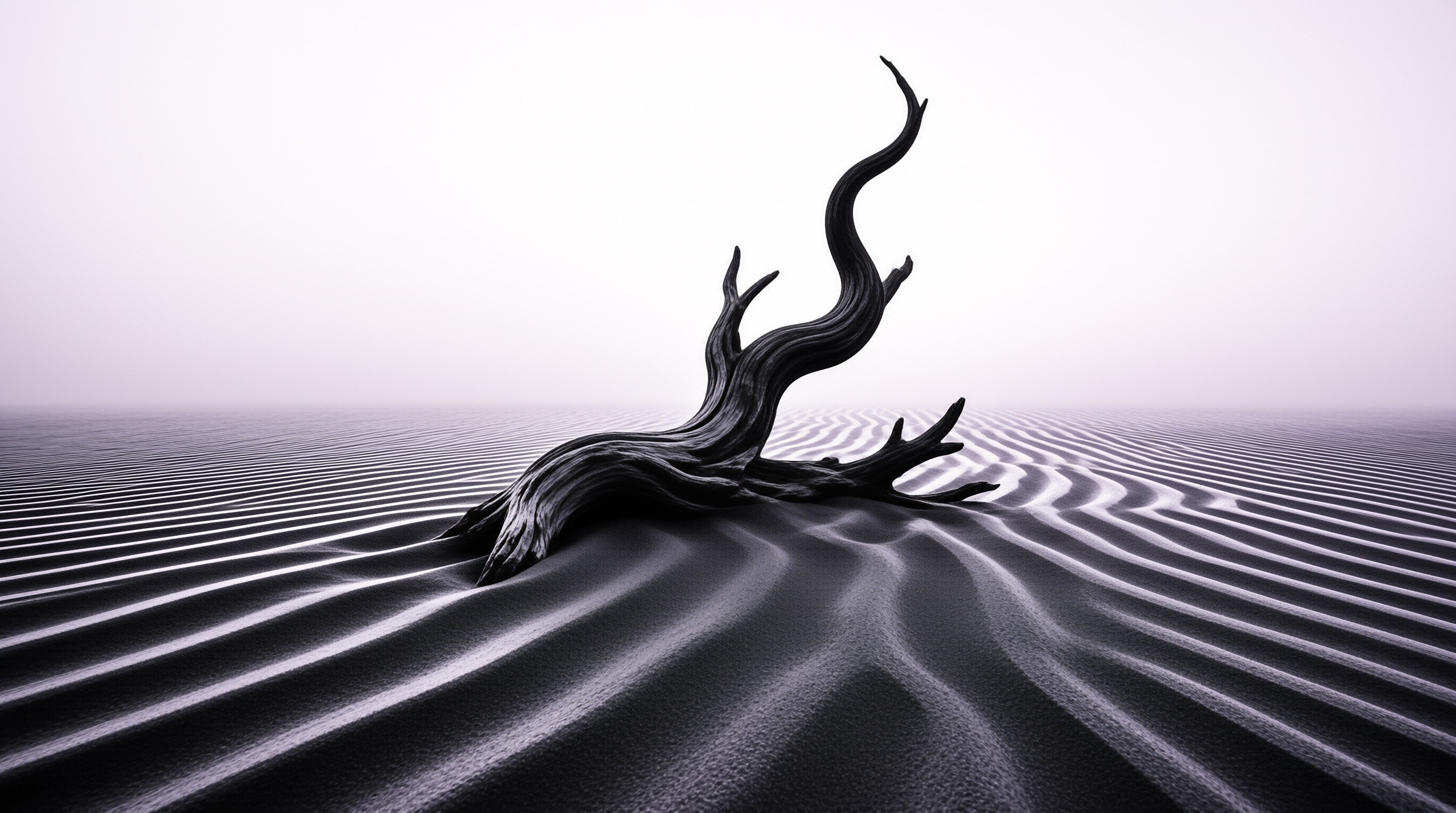 A weathered dark trunk lies across silvery sand ripples beneath a pale white sky in a minimalist barren landscape