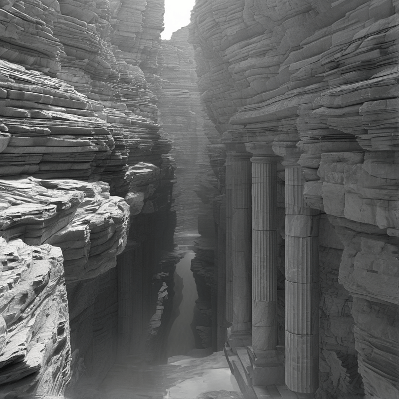 A view down a narrow chasm where large stone columns stand among layered rock walls near the water.