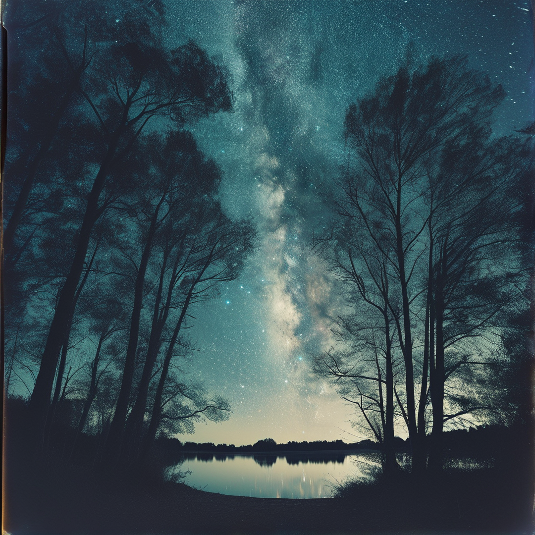 A dark forest frames a bright band of stars while the night sky reflects in the calm lake water below.