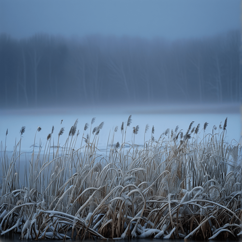 Frosty vegetation lines the edge of a still blue water body surrounded by a foggy treeline.