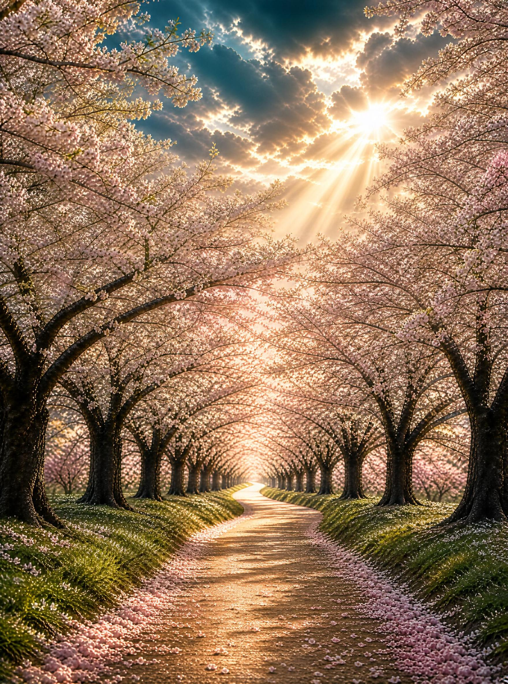 Cherry Blossom Path at Sunset
