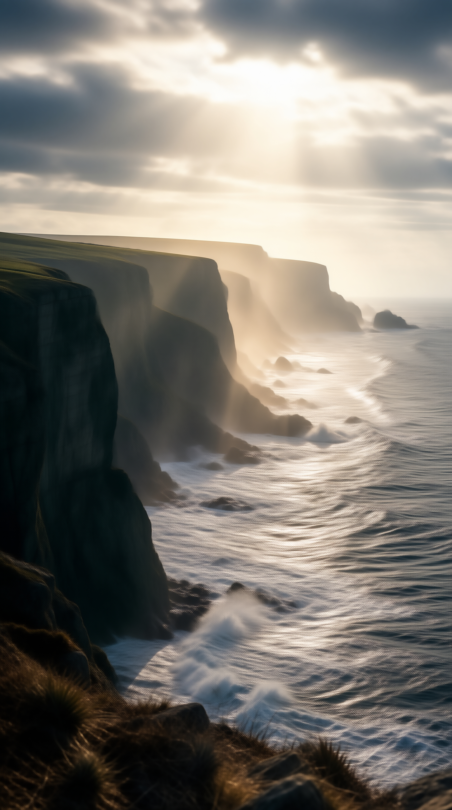 Sunlit Misty Coastal Cliffs