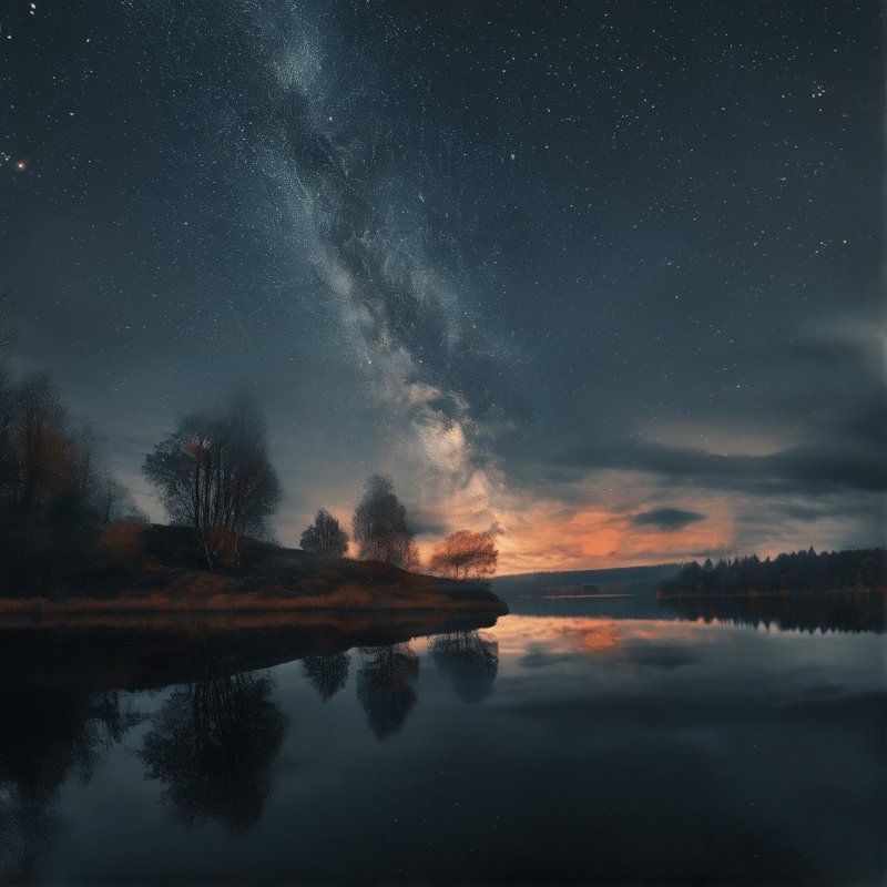 The Milky Way arches above a still lake whose shore is fringed with trees, mirroring the warm orange horizon glow at twilight.