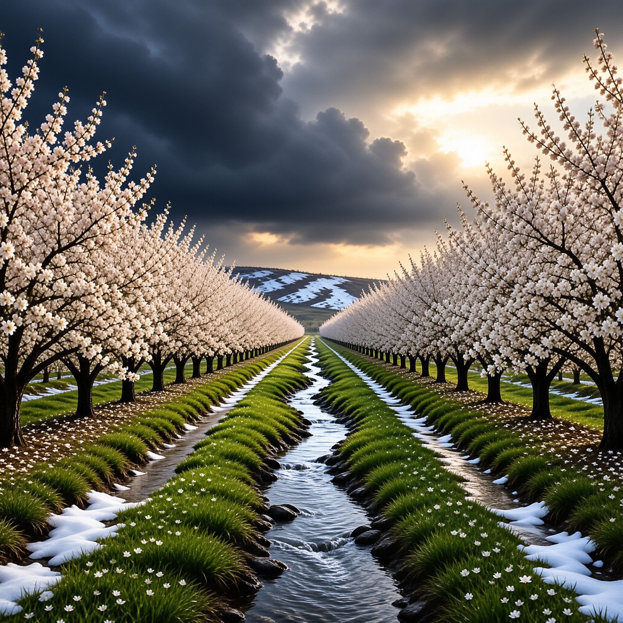 Spring Blossoms and Snowy Stream