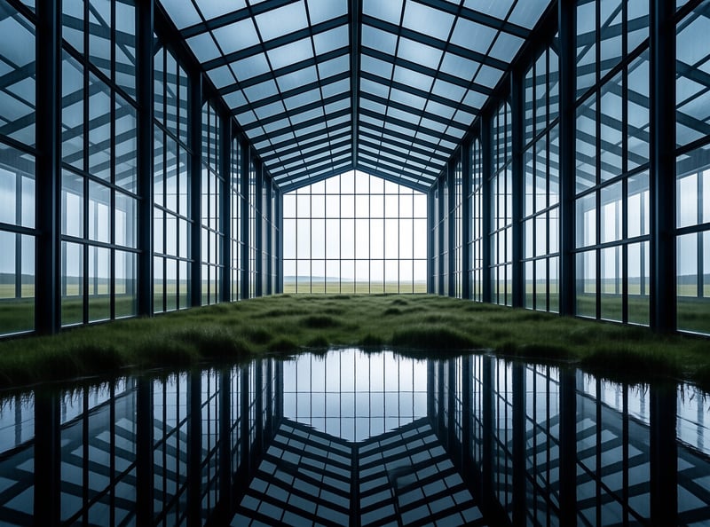 Inside a vast glass structure, a grassy floor meets a pool of water mirroring the steel grid ceiling and bright horizon.