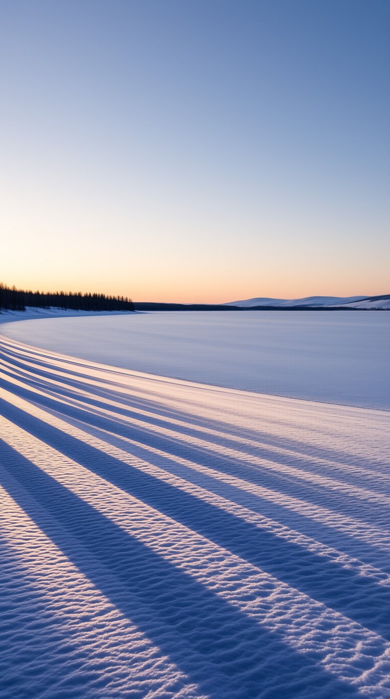 Long shadows stretch across snowy ground near a frozen lake under a blue and orange sunset sky.