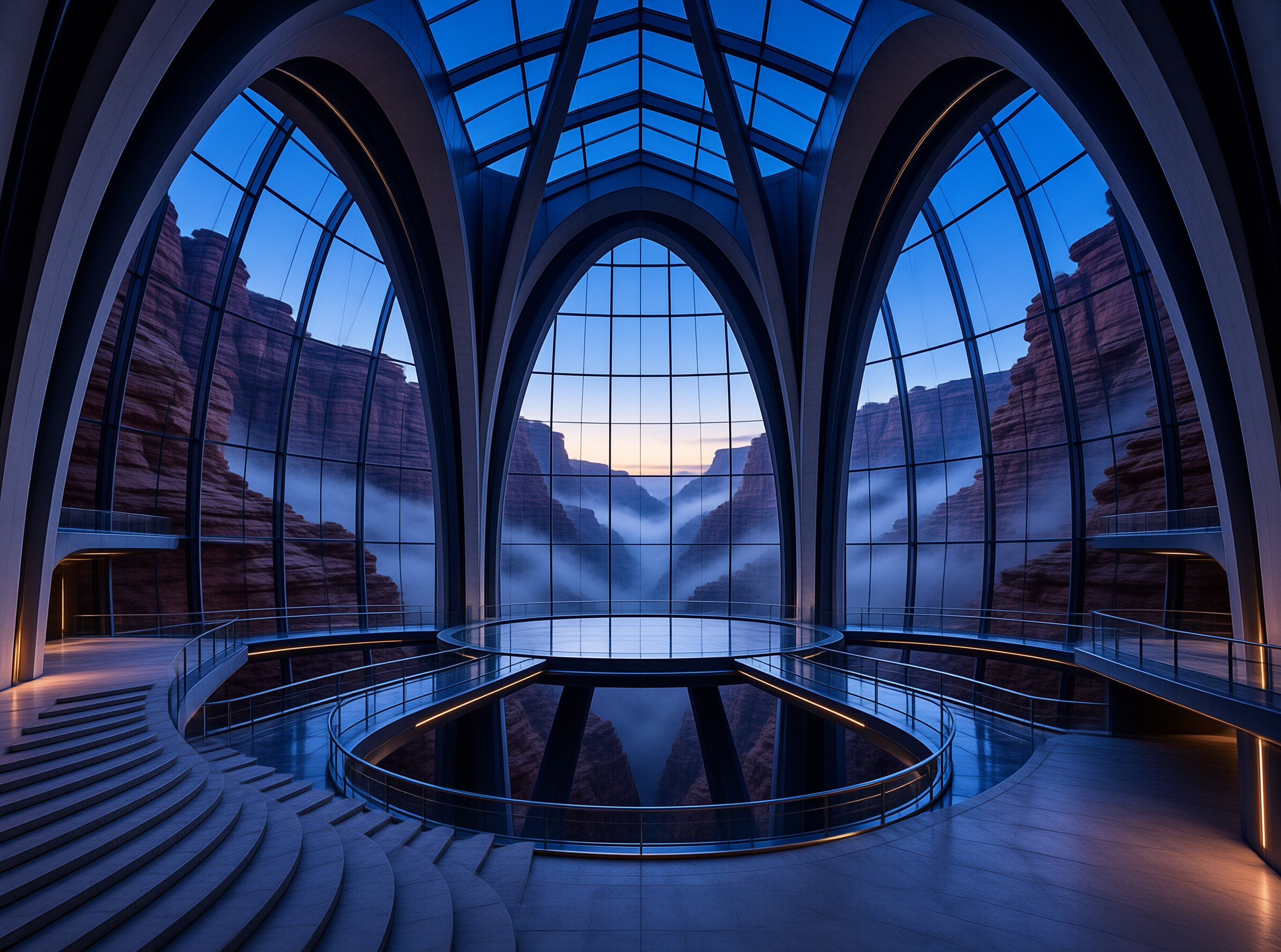 Large arched windows reveal a misty desert canyon while sleek spiral walkways curve through the dim blue interior.