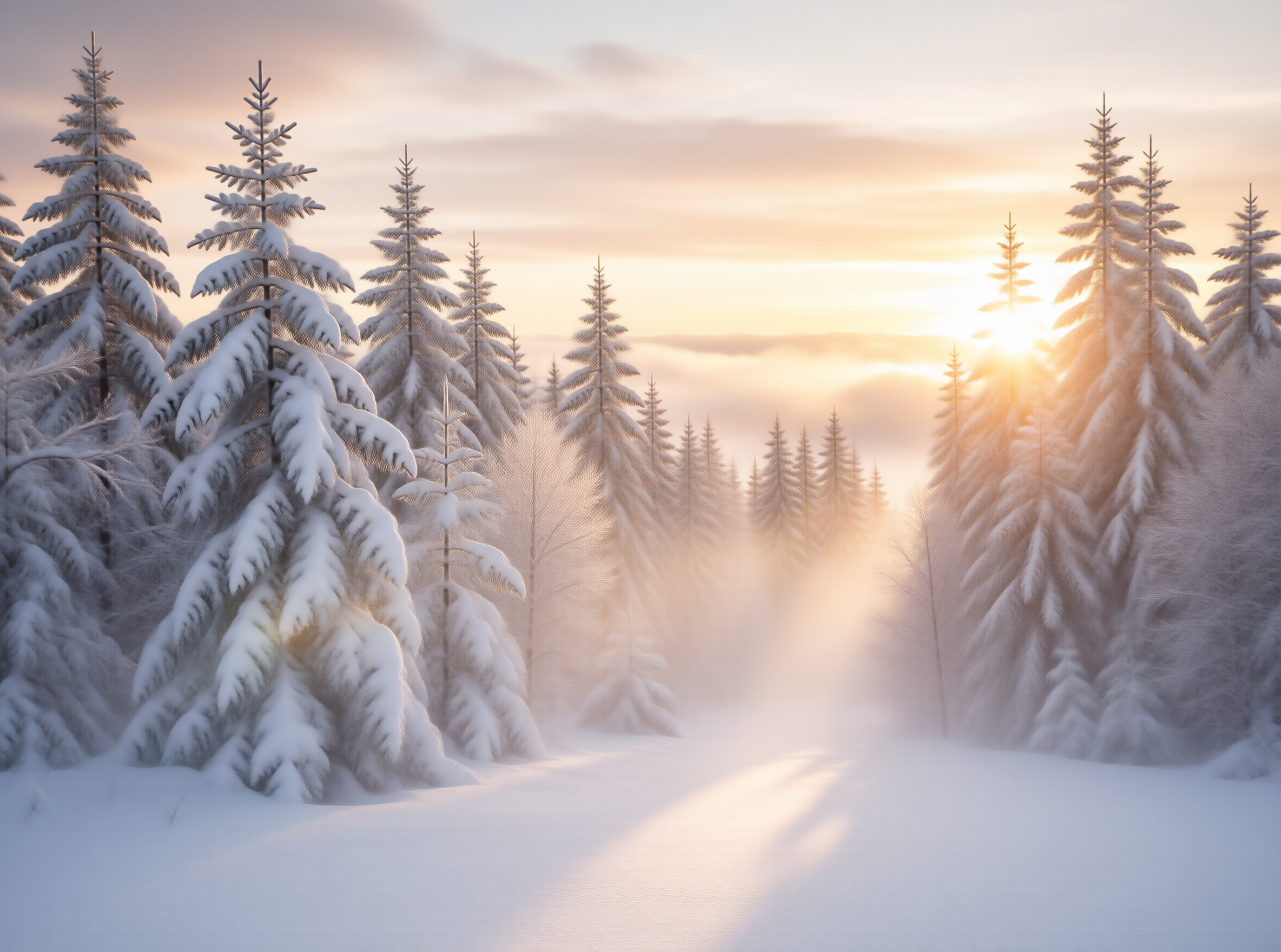 Sunlit Snowy Forest