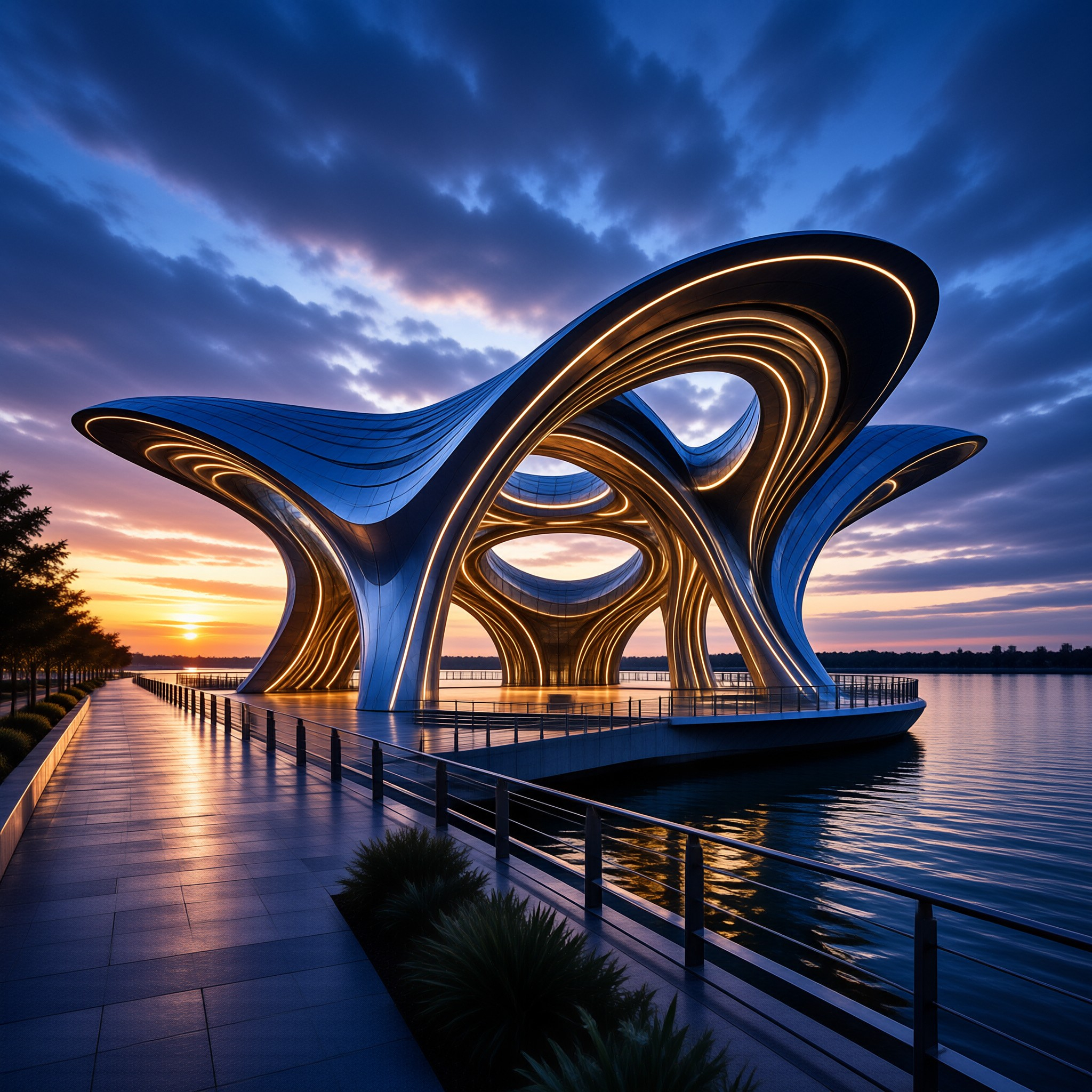 A futuristic silver pavilion stands on a pier with glowing lights reflecting in the calm water below while the sky transitions from orange to deep blue.