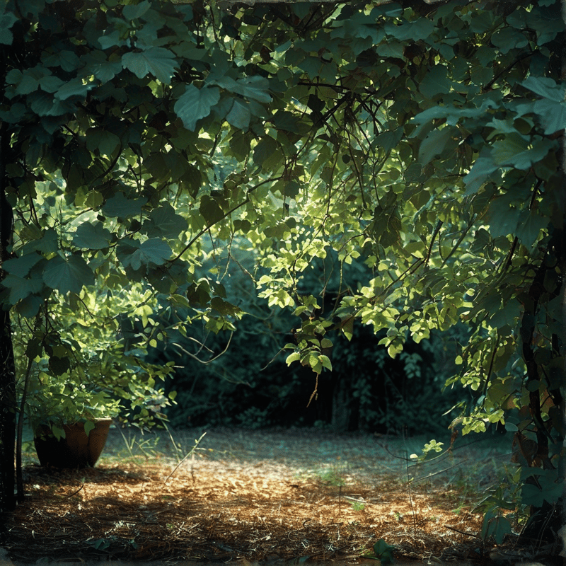 A climbing vine forms a natural archway over sunlit ground in a garden, casting dappled shadows on the dry earth.
