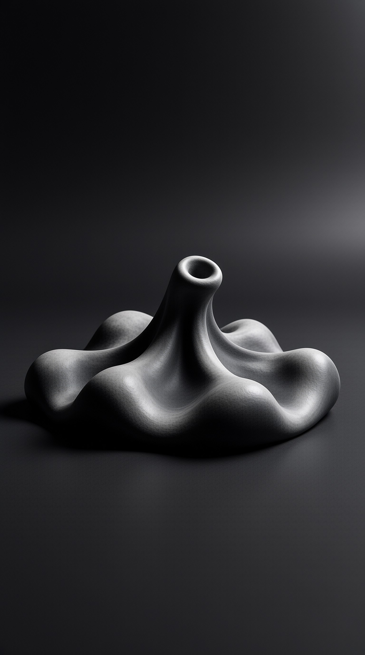 A smooth gray vase with an organic shape sits on a dark surface under directional light creating soft shadows.