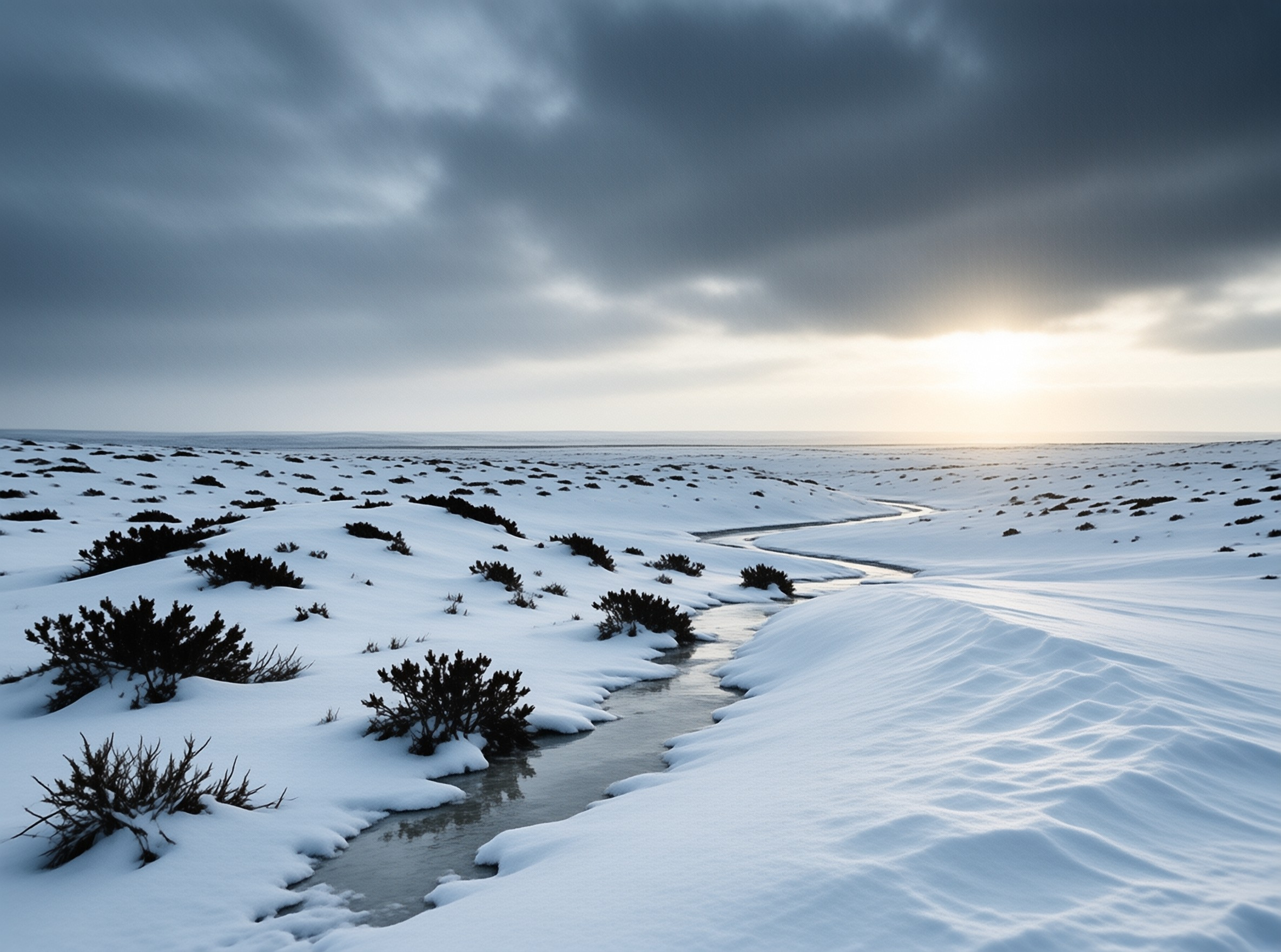 Snowy Stream Under Clouds