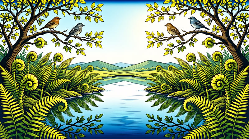 A symmetrical illustration shows birds on tree branches overlooking a calm river surrounded by ferns and distant hills.