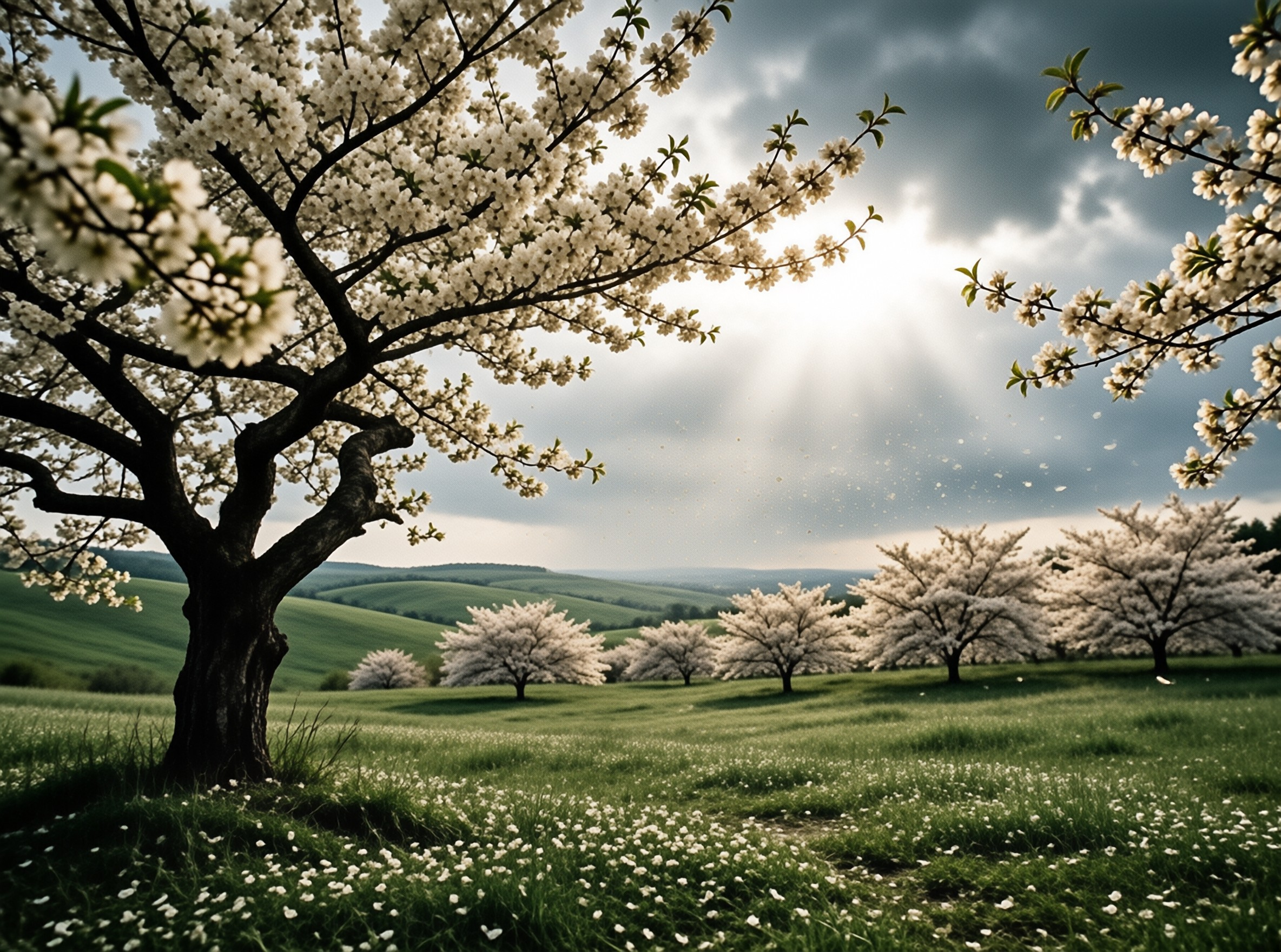 White flowering trees grow across a grassy valley as heavy grey clouds break to let sunbeams shine through.